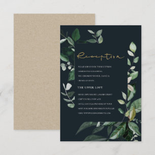 Cartão De Informações Recepção de Casamento Folhagem Verde Navy Preto E