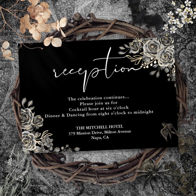 Cartão De Informações Recepção de casamento Gótica Preta E Branca (Black And White Gothic Wedding Reception Enclosure Card)