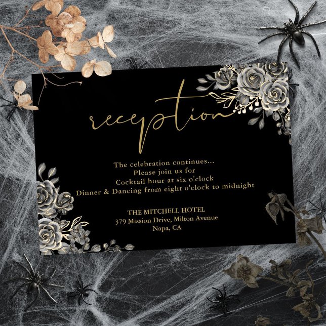Cartão De Informações Recepção de Casamento Gótico Preto e Dourado (Black And Gold Gothic Wedding Reception Enclosure Card)