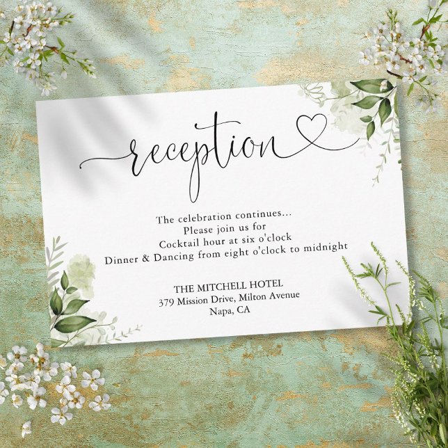 Cartão De Informações Recepção de casamento Greenery Floral Heart Script (Greenery Floral Heart Script Wedding Reception Enclosure Card)