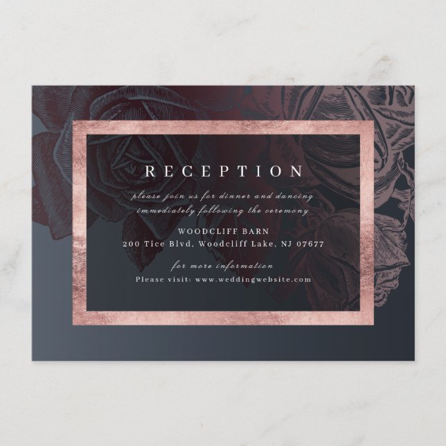 Cartão De Informações Recepção de casamento luxuosa em rosa dourado vint (Frente)