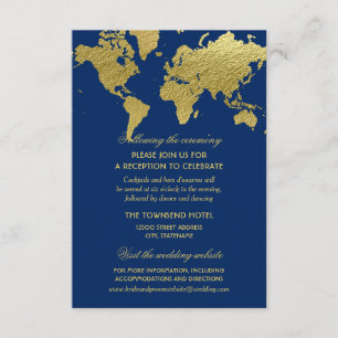 Cartão De Informações Recepção de Casamento Mapa Mundial Elegante Azul N