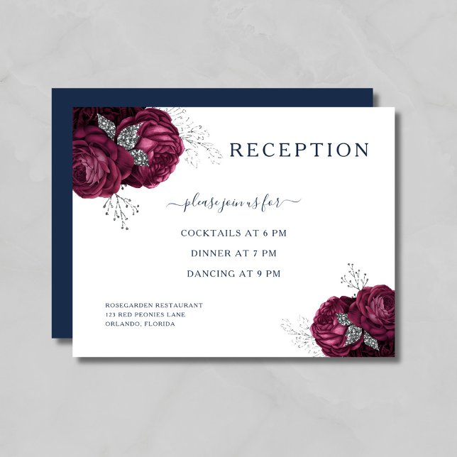 Cartão De Informações Recepção de casamento marinho azul Floral Rosas (Navy Blue Floral Burgundy Roses Wedding Reception Enclosure Card)