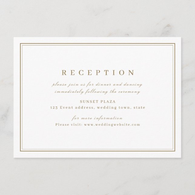 Cartão De Informações Recepção de casamento mínima elegante de ouro (Frente)
