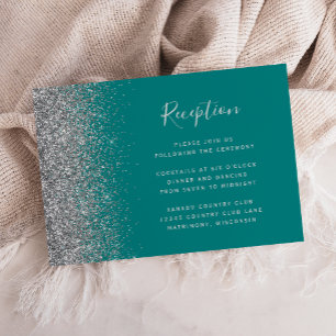 Cartão De Informações Recepção de Casamento Moderna com Brilho Azul Teal