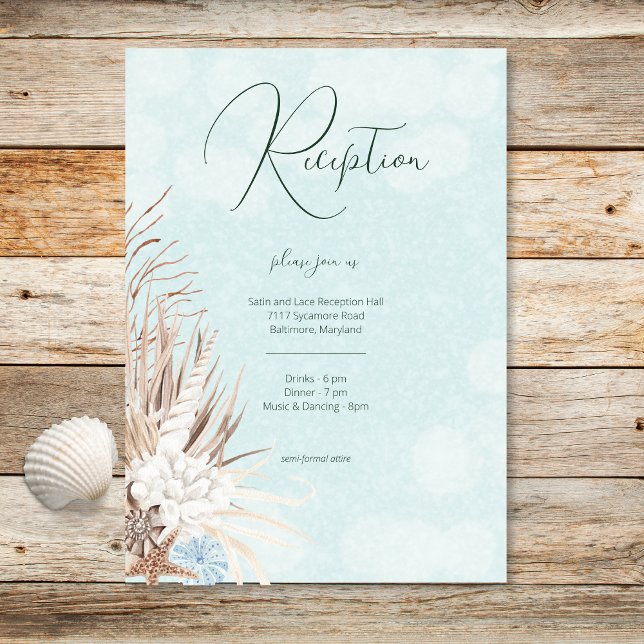 Cartão De Informações Recepção de casamento moderna do oceano aquático (Modern Aqua Ocean Shells Wedding Reception Enclosure Card)