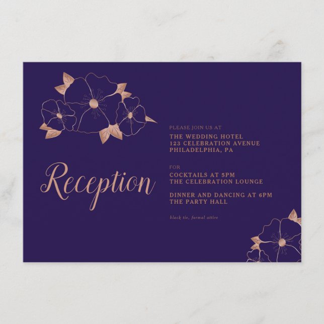 Cartão De Informações Recepção de casamento moderno com flores de cobre  (Frente)