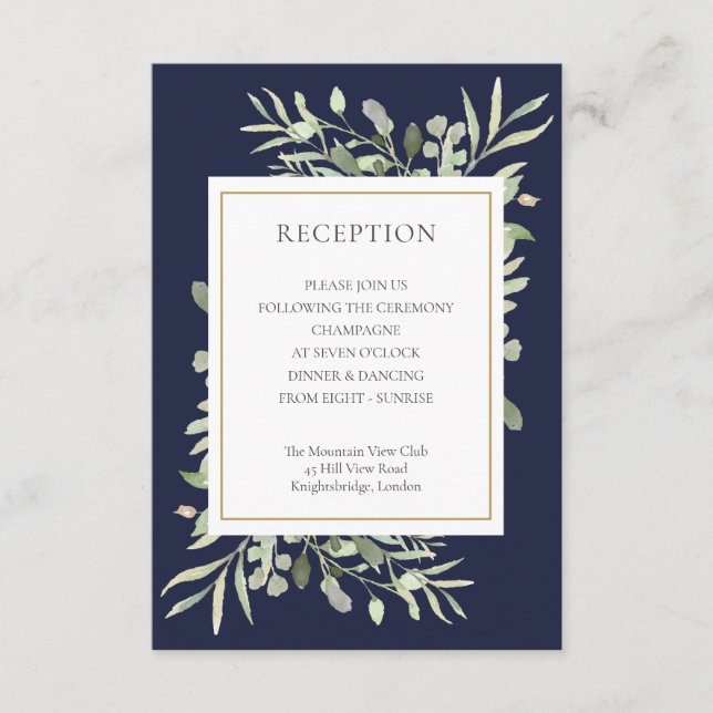 Cartão De Informações Recepção de Casamento Navy Blue Greenery (Frente)