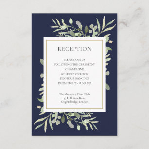 Cartão De Informações Recepção de Casamento Navy Blue Greenery