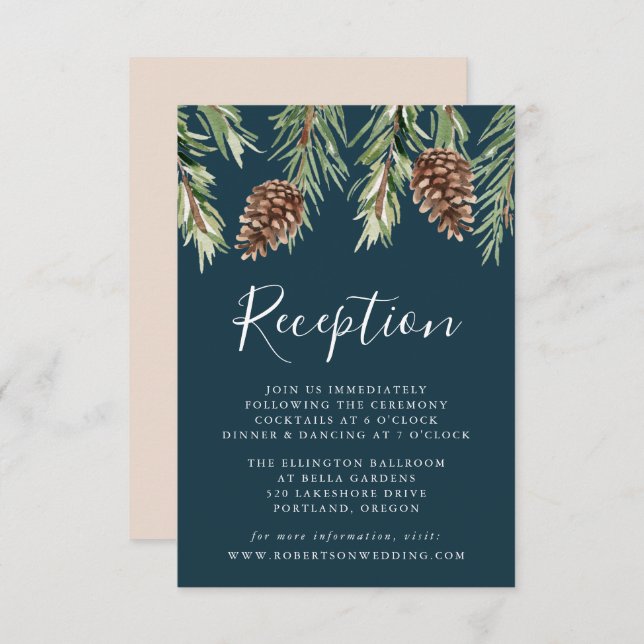Cartão De Informações Recepção de casamento Pinecone da Aquarela Inverna (Frente/Verso)