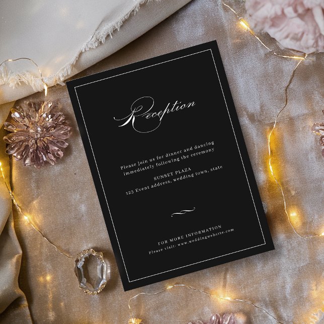 Cartão De Informações Recepção de casamento Preta do Script Elegância Cl (Classic Elegance Script Black Wedding Reception Enclosure Card)