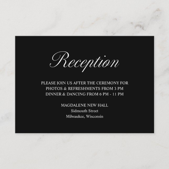 Cartão De Informações Recepção de casamento Preta Formal de Script Elega (Frente)