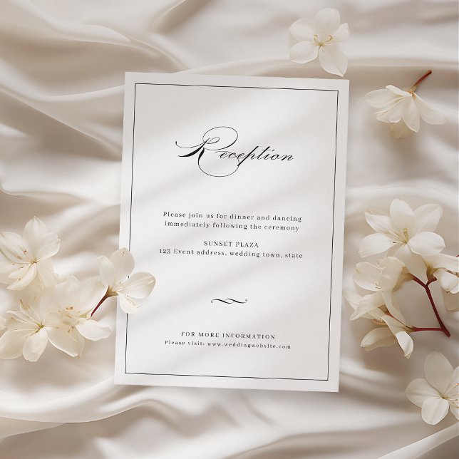 Cartão De Informações Recepção de Casamento Preto Elegância Clássica em  (Classic Elegance Script Black Wedding Reception Enclosure Card)
