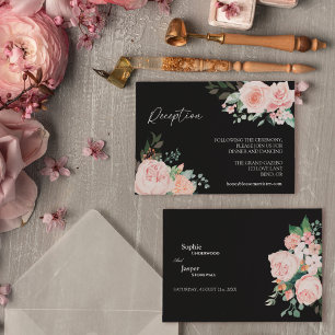 Cartão De Informações Recepção de casamento Preto Floral Escamudo