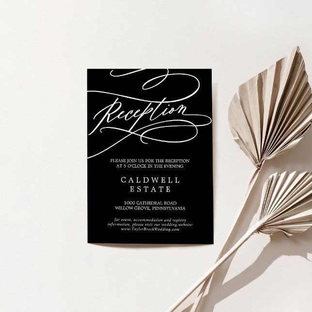 Cartão De Informações Recepção de casamento Romântica de Caligrafia Pret (Romantic Dark Black Calligraphy Wedding Reception Enclosure Card)