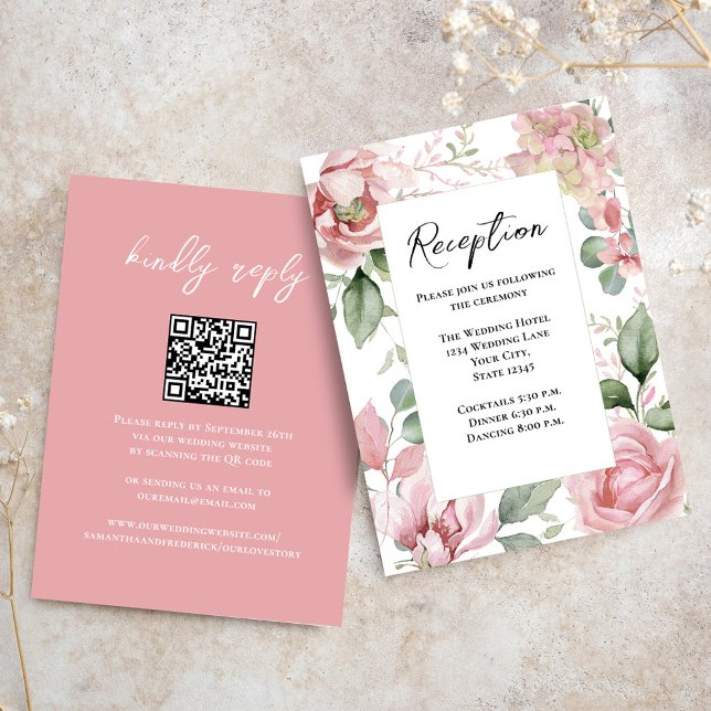 Cartão De Informações Recepção de casamento Rosa Blush Floral (Elegant wedding reception with blush pink watercolor floral design. )