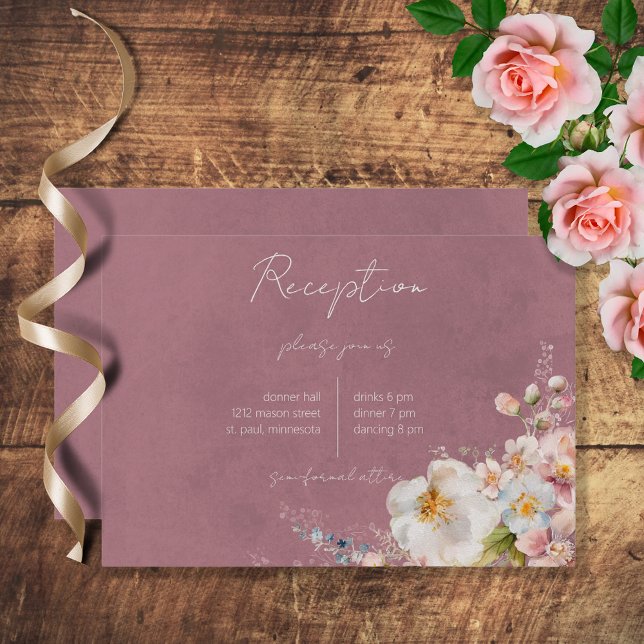 Cartão De Informações Recepção de Casamento Rosa Moderna Floral Pastel (Criador carregado)