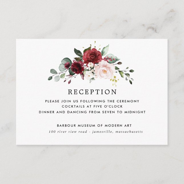 Cartão De Informações Recepção de casamento Rústica Floral Rosa Vermelha (Frente)