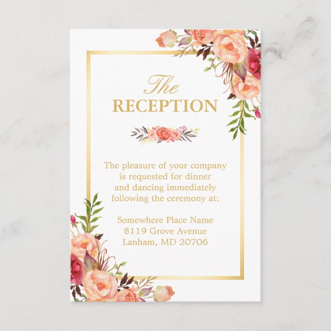 Cartão De Informações Recepção de Casamento Rústico Dourado Laranja Flor (Frente)