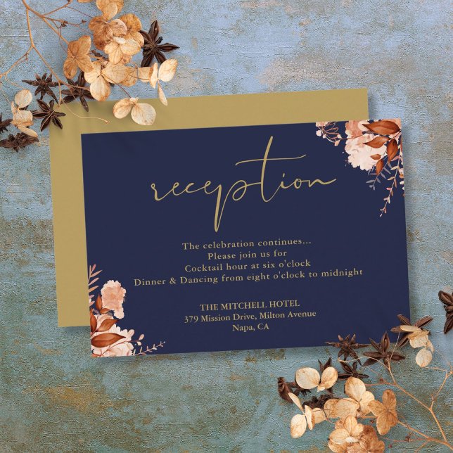 Cartão De Informações Recepção de Casamento Rústico em Azul Marinho e Do (Navy Blue And Gold Rustic Floral Wedding Reception Enclosure Card)