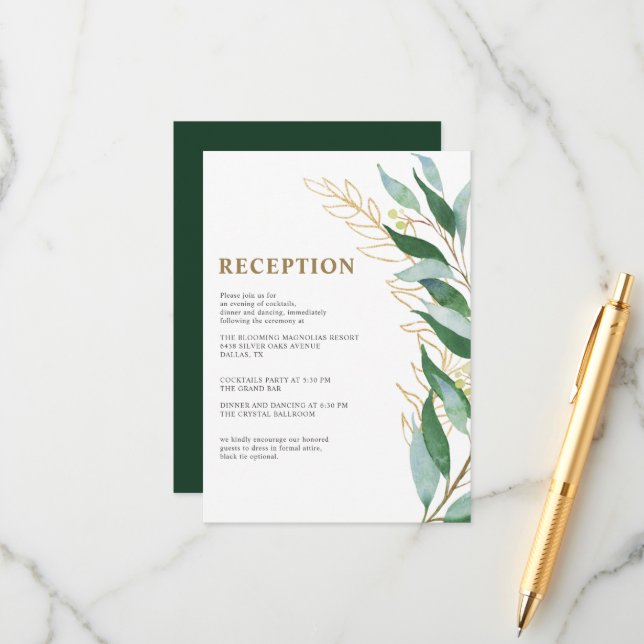 Cartão De Informações Recepção de casamento Verde de Folhagem Dourada El (Frente/Verso In Situ)