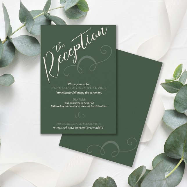 Cartão De Informações Recepção de casamento Verde Escuro de Script Escur (Elegant modern slant script  dark moss green and ivory wedding reception enclosure insert card )