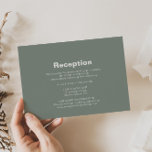 Cartão De Informações Recepção de casamento verde mínima<br><div class="desc">Este cartão de recepção de casamento verde formal minimalista é perfeito para um casamento russo. O design apresenta uma bela fonte em um fundo verde para embelezar seu evento.</div>