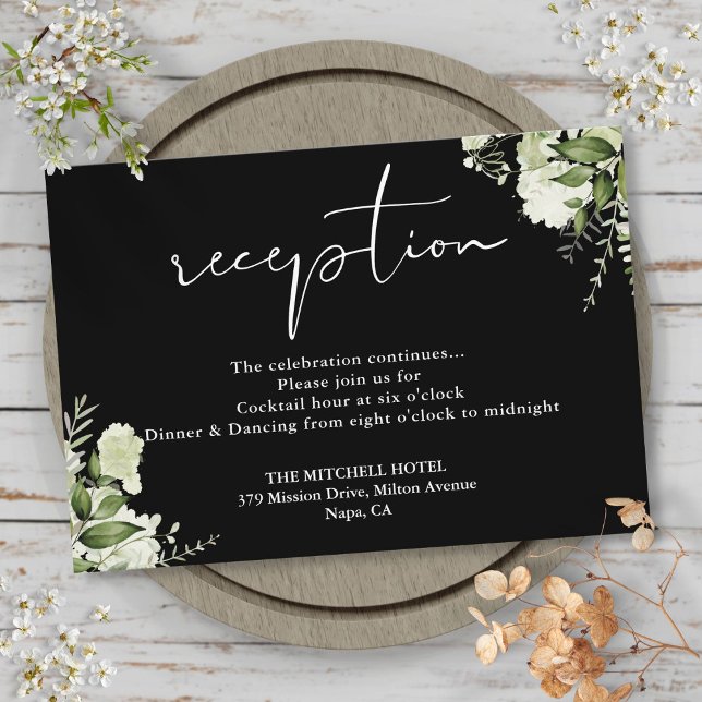 Cartão De Informações Recepção de casamento Verde Preta E Branca (Black And White Greenery Wedding Reception Enclosure Card)