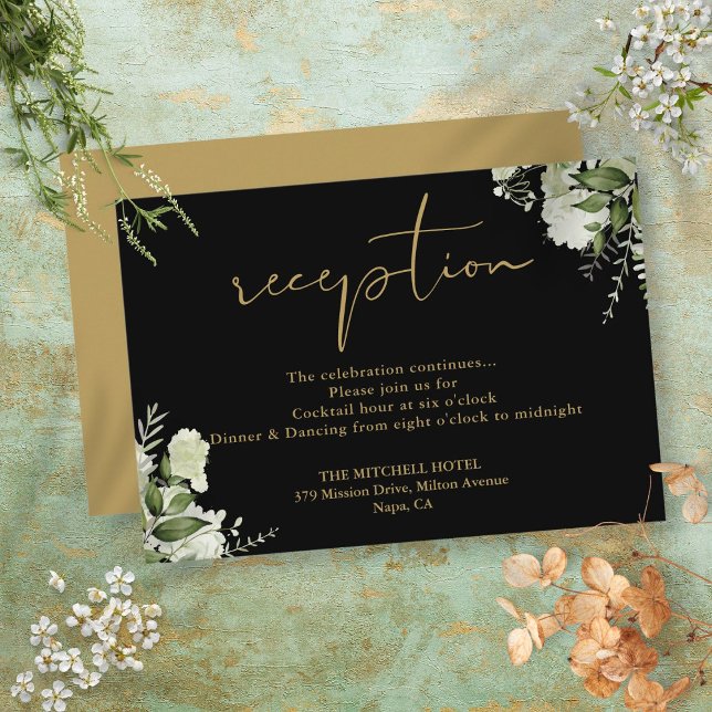 Cartão De Informações Recepção de casamento Verde Preta E Dourada (Black And Gold Greenery Wedding Reception Enclosure Card)
