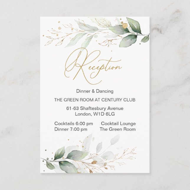 Cartão De Informações Recepção de folhagem verde e dourada em aquarela (Frente)