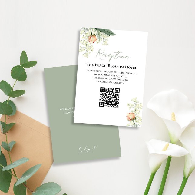 Cartão De Informações Recepção de Pêssego de Casamento RSVP de Código QR (Elegant wedding RSVP card with watercolor peach floral design)