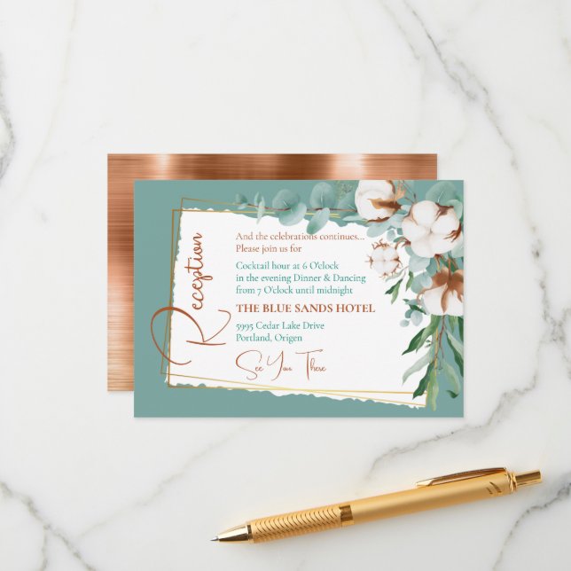 Cartão De Informações Recepção Floral de Algodão Branco Moderno em Cobre (Frente/Verso In Situ)