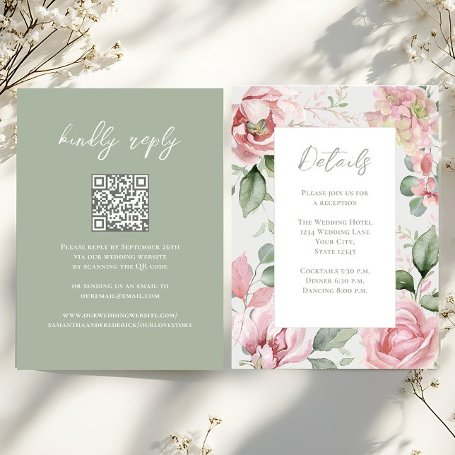Cartão De Informações Recepção Floral de Casamento Rosa Esbranquiçado (Blush pink floral wedding details card with QR code. )
