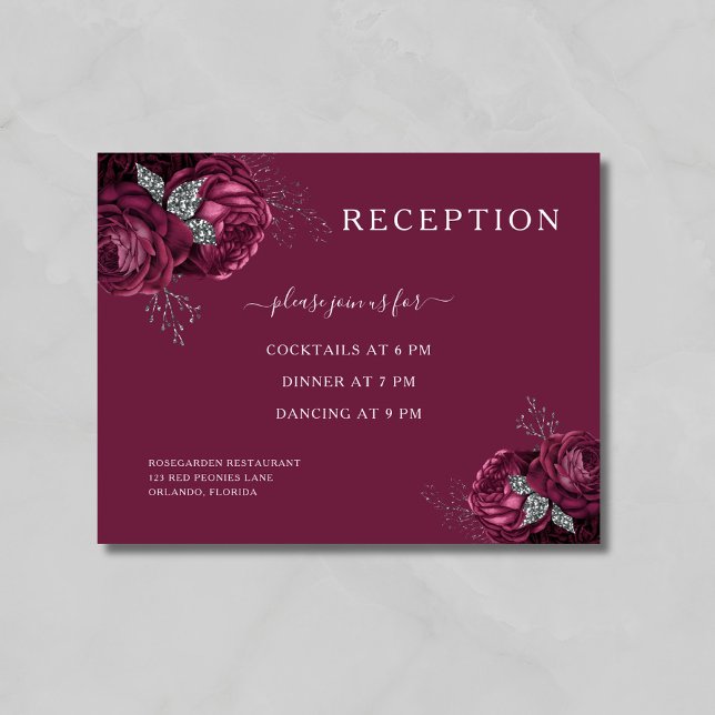 Cartão De Informações Recepção Floral Elegante Burgundy (Elegant Burgundy Floral Reception Enclosure Card)