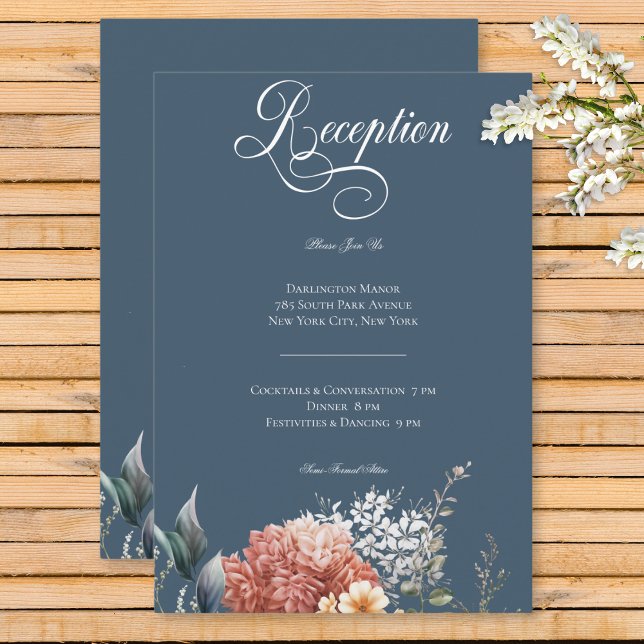 Cartão De Informações Recepção Floral Romântica Moderna do Jardim Azul (Modern Romantic Blue Garden Floral Wedding Reception Enclosure Card)
