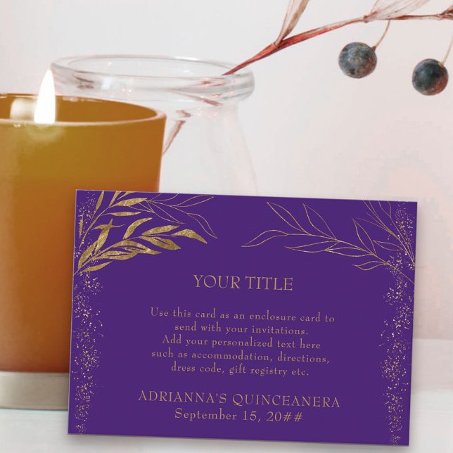 Cartão De Informações Recepção Personalizada Folha Roxa e Dourada (Reception Card for quinceanera or other event in purple, from my Gold Leaf Collection
)