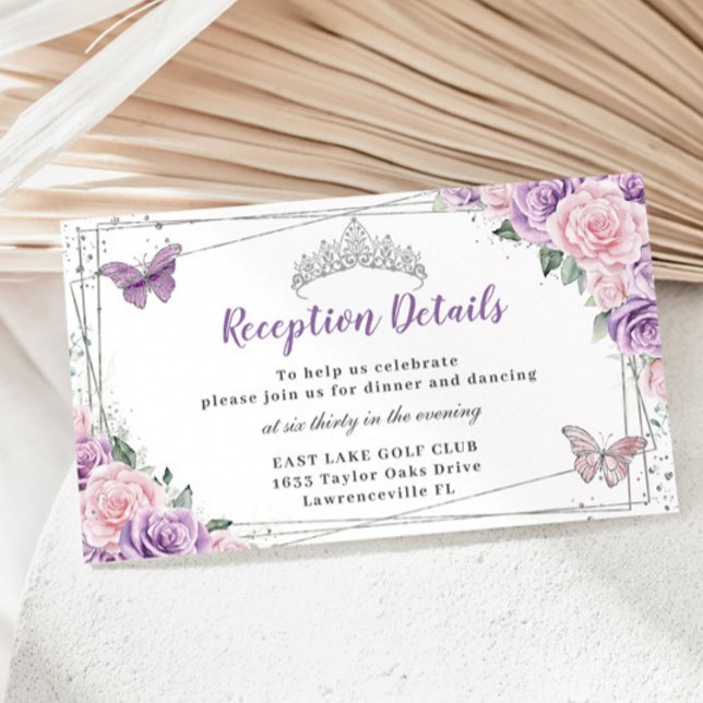 Cartão De Informações Recepção Quinceañera Floral Rosa Roxo Prata (Criador carregado)
