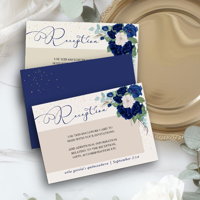 Cartão De Informações Recepção Rosa Marfim e Azul Real (Dark blue reception cards from my Royal Rose Quinceanera collection)