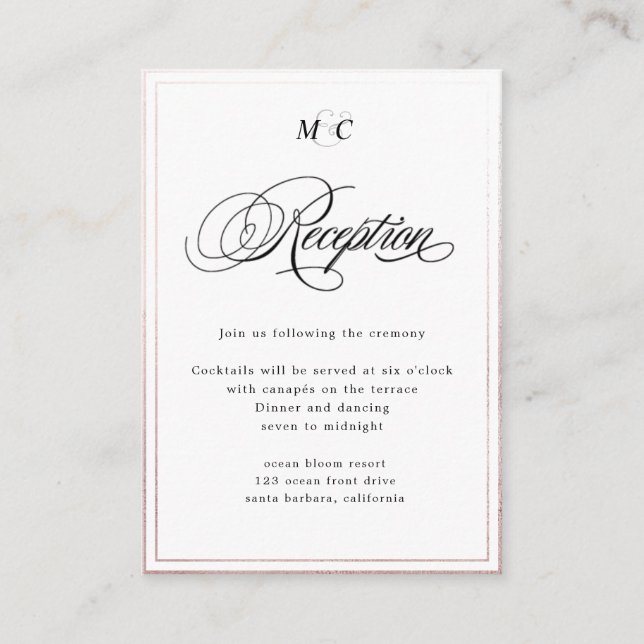 Cartão De Informações Recepção rose gold de Caligrafia elegante (Frente)