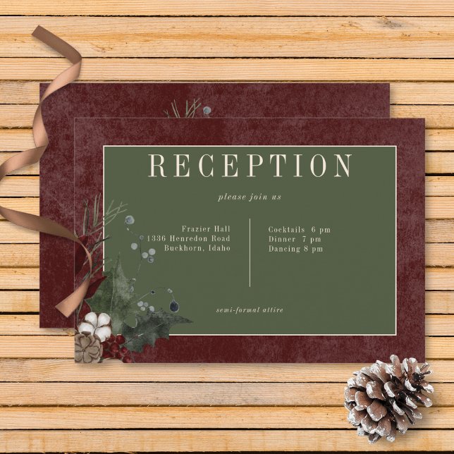 Cartão De Informações Recepção Rustic Winter Berries & Pine Burgundy (Rustic Winter Berries & Pine Burgundy Wedding Reception Card)