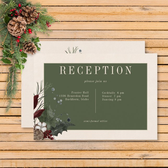 Cartão De Informações Recepção Rustic Winter Berries & Pine Cream (Rustic Winter Berries & Pine Cream Wedding Reception Card)
