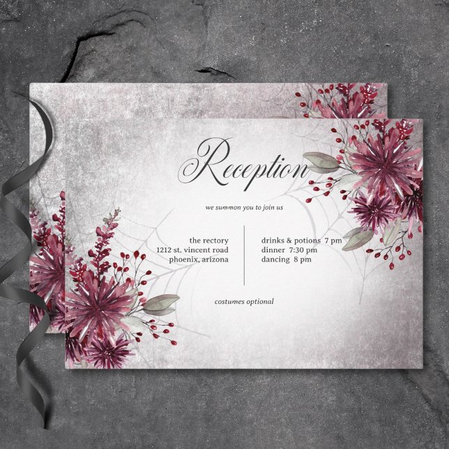 Cartão De Informações Recepção Rústica de Dia das Bruxas Preta e Borgonh (Rustic Gothic Black & Burgundy Halloween Reception Enclosure Card)