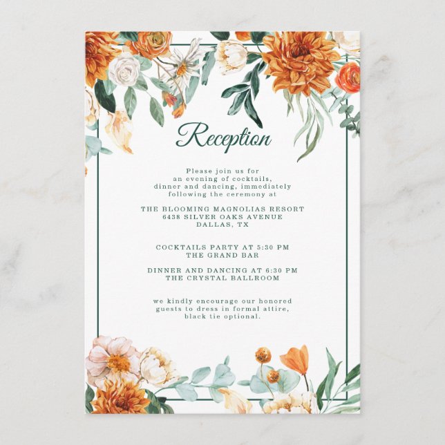 Cartão De Informações Recepção Rústica Floral de Casamento outono Laranj (Frente)