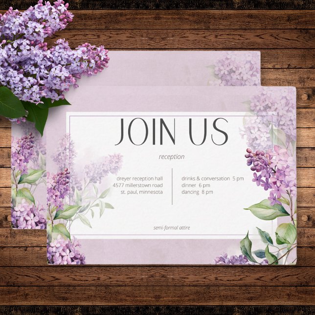 Cartão De Informações Recepção Rústica Romântica de Lilases Roxas e Salv (Rustic Romantic Purple & Sage Lilacs Wedding Reception Card)