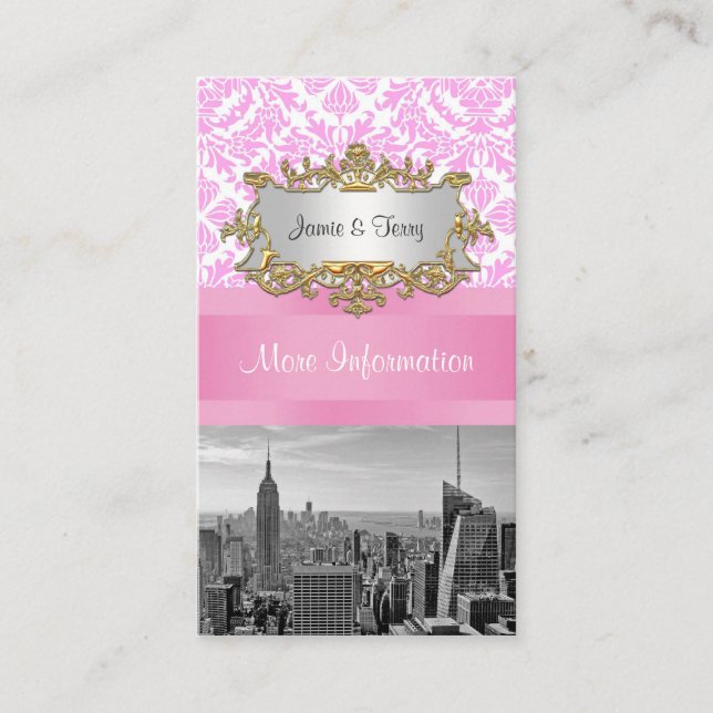 Cartão De Informações Receptáculo NY City Skyline BW D4P Rosa Damask (Frente)
