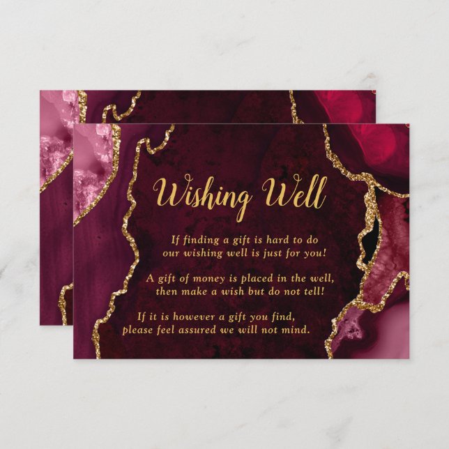 Cartão De Informações Red and Gold Agate Wedding Wishing Well (Frente/Verso)