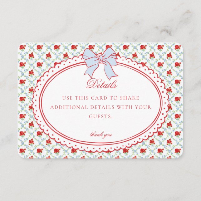 Cartão De Informações Red & Blue Vintage Fancy Floral Detail Card Invite (Frente)
