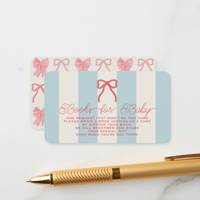 Cartão De Informações Red Bow & Blue Stripes Baby Shower Book Request (Frente/Verso In Situ)