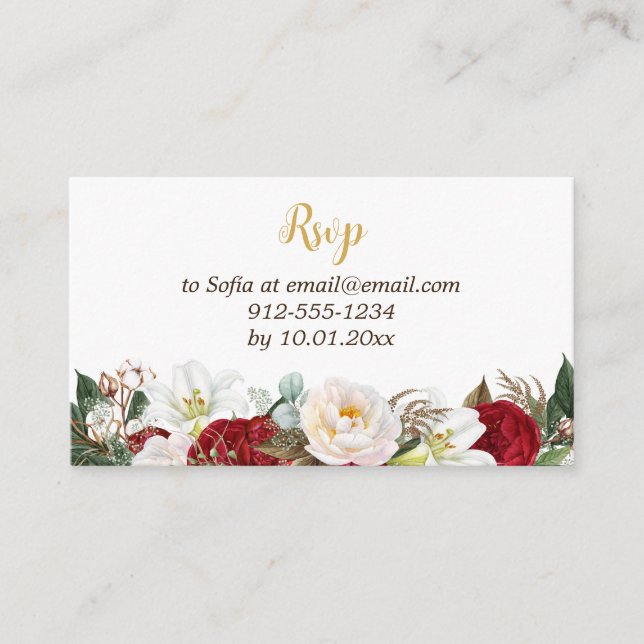 Cartão De Informações Red & Dourado Elegante Quinceañera RSVP (Frente)