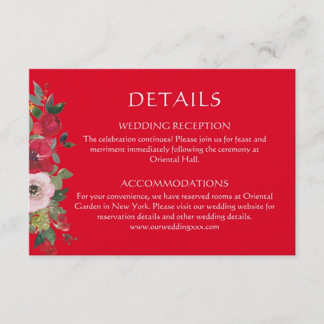 Cartão De Informações Red floral Wreath China detalhes do casamento (Frente)